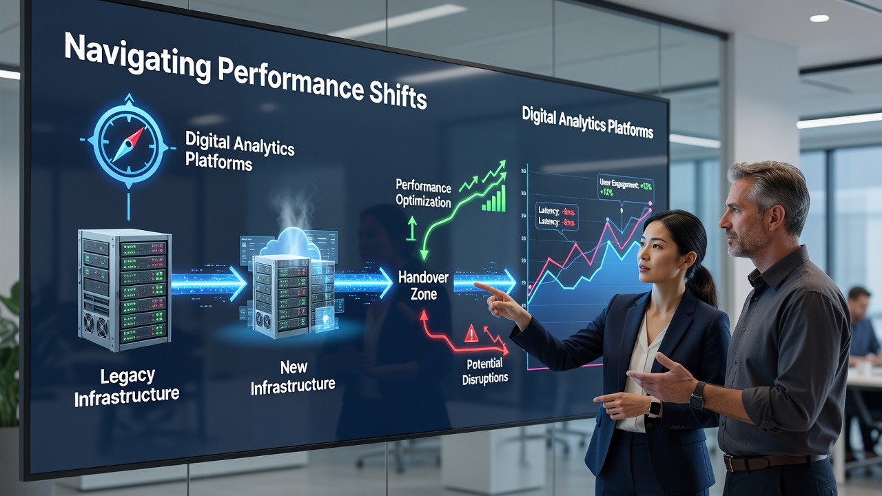 Team reviewing server logs and analytics reports side by side during an infrastructure handover