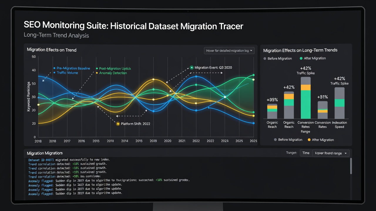 Screenshot example of timeline discontinuity detection in an SEO analytics dashboard after a dataset migration event
